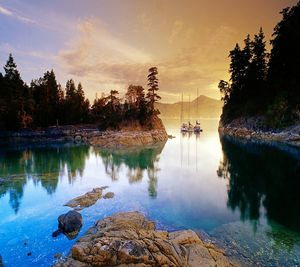 Scenic view of lake against sky at sunset