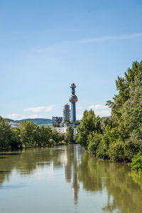 View of lighthouse by lake against sky