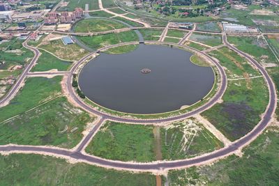 High angle view of water spraying on land