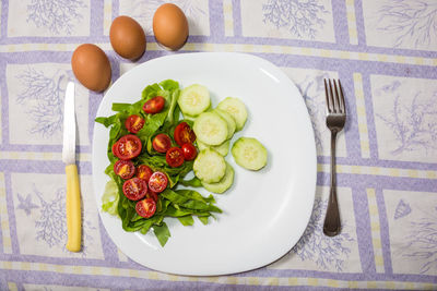 High angle view of breakfast served on table