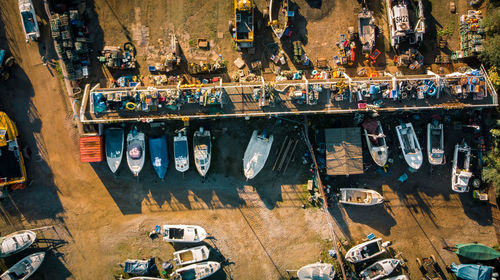 High angle view of boats on parking lot