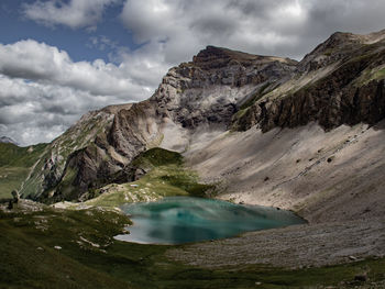 Scenic view of lake and mountains against sky