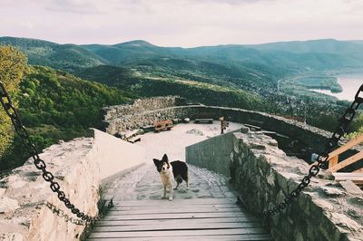 High angle view of steps amidst mountains against sky