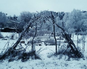 Bare trees on snow covered landscape against sky