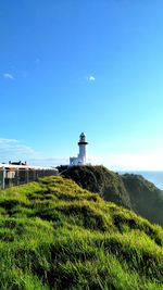 Lighthouse on field by sea against clear blue sky