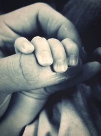 Close-up of father holding baby hand