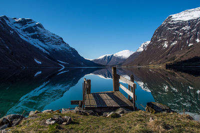 Scenic view of snowcapped mountains against clear blue sky