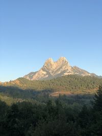 Scenic view of mountains against clear blue sky