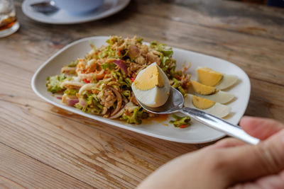 High angle view of salad in plate on table