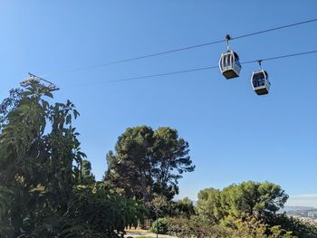 Low angle view of overhead cable cars against clear sky