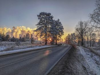 Road amidst trees against sky during winter