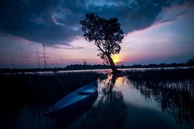 Silhouette tree by lake against sky during sunset