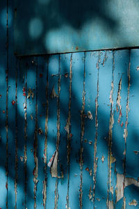 Shadows on an old door with peeling paint.