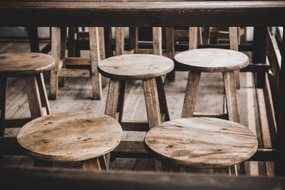 Close-up of empty chairs and table