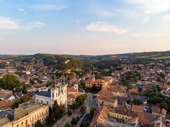 High angle shot of townscape against sky