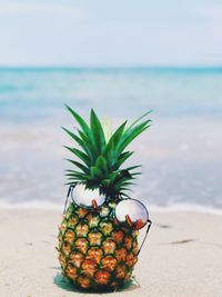 Close-up of pineapple on beach against sea