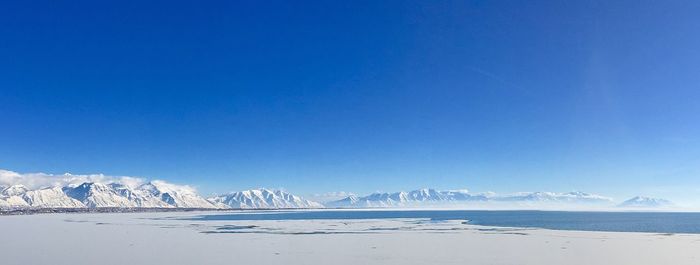 Scenic view of sea against clear blue sky