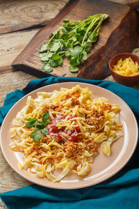 High angle view of food in plate on table