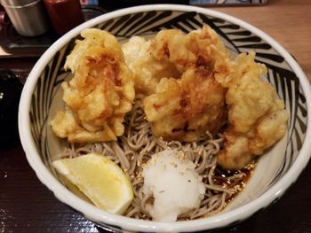 High angle view of food in plate on table