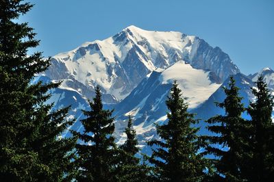 Low angle view of snowcapped mountains against clear blue sky