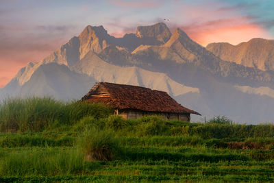 House on field by mountains against sky