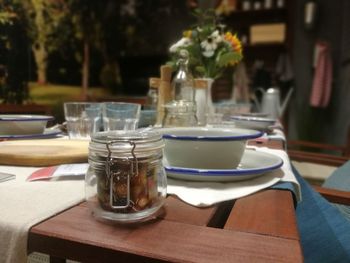 Glass of jar on table at restaurant