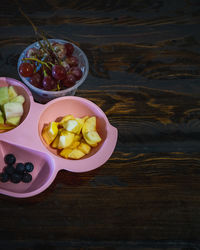 High angle view of fruits in bowl on table