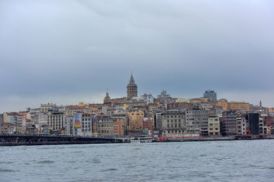 Buildings at waterfront against cloudy sky