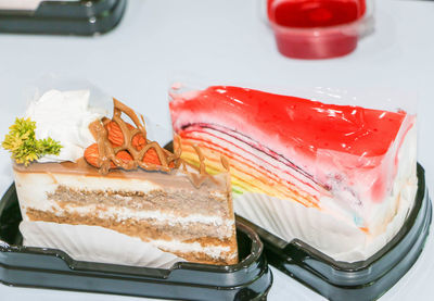 High angle view of cake in plate on table