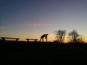 Silhouette person by tree against sky during sunset