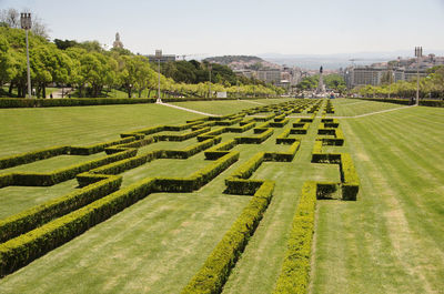 Park of edward vii with view to walking alleys and the tejo river, lisbon , portugal