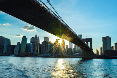 Low angle view of brooklyn bridge over river by cityscape against blue sky