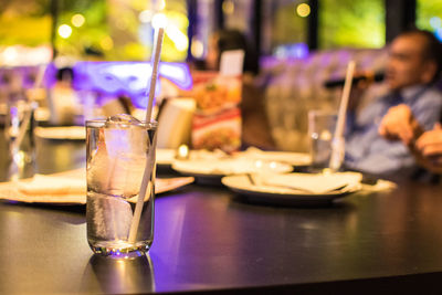 Close-up of beer glass on table at restaurant