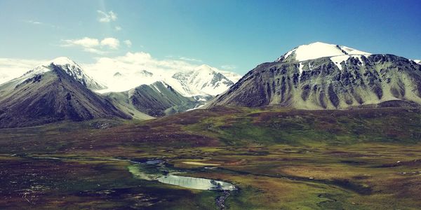 Scenic view of snowcapped mountains against sky