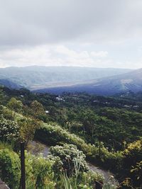 Scenic view of mountains against cloudy sky