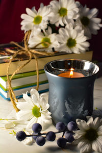 Close-up of illuminated tea light on table