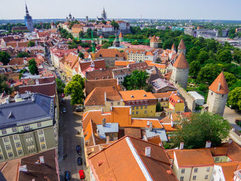 High angle view of buildings in city