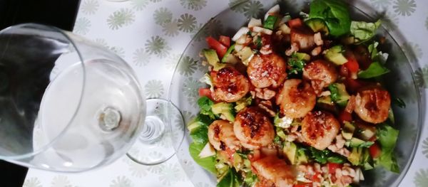 High angle view of meal served on table