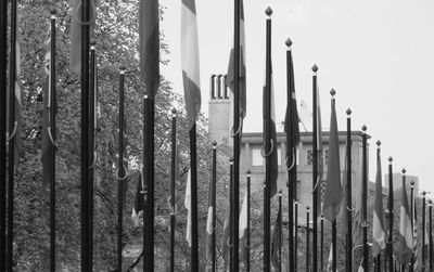 Low angle view of various flag poles in city