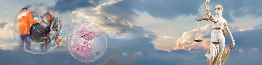 Panoramic view of lady justice and money against cloudy sky