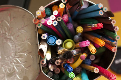 High angle view of colored pencils