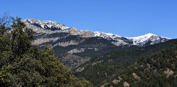 Scenic view of snowcapped mountains against blue sky