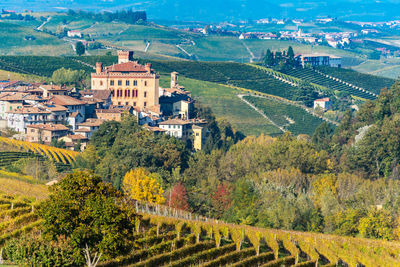 The picturesque town of barolo with its castle among the vineyards of langhe region, italy