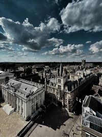 High angle view of buildings in city against sky