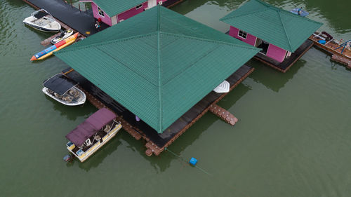 High angle view of ship moored in river