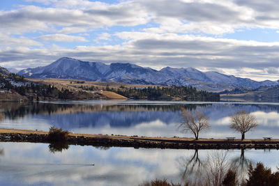 Scenic view of lake by mountains against sky