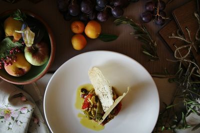 High angle view of breakfast on table