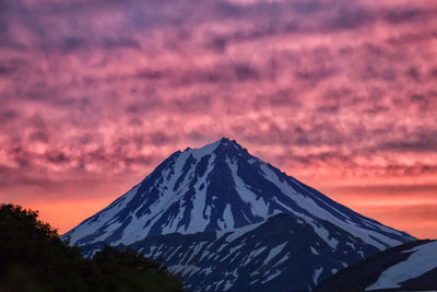 Scenic view of snowcapped mountains against sky during sunset