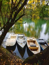 Boats moored at lakeshore