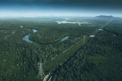 High angle view of land against sky